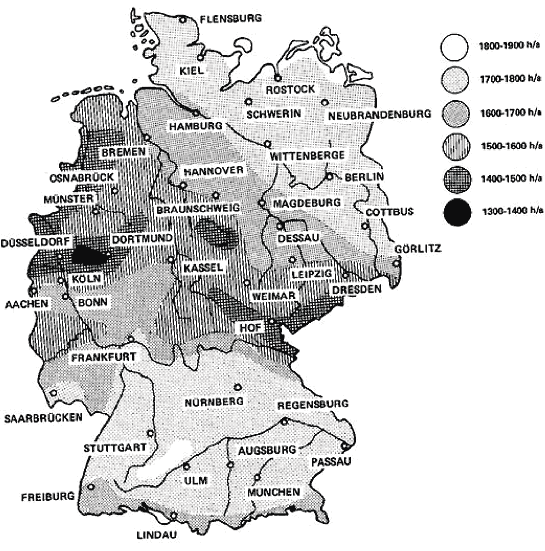 Durchschnittliche jährliche Sonnenscheindauer in Deutschland